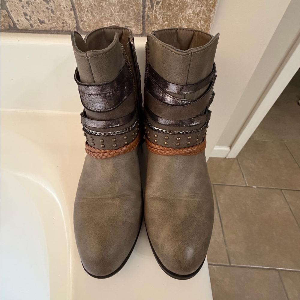 Pierre Dumas Taupe Ankle Booties with Mixed Strap Detail